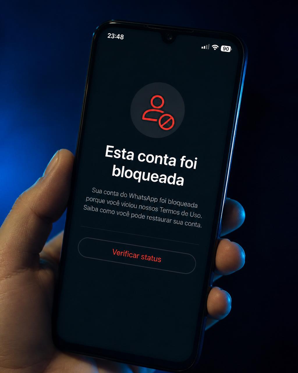 Celular exibindo aviso de conta do WhatsApp bloqueada